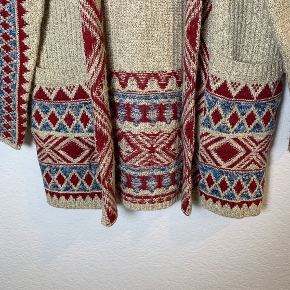 Lucky Brand Aztec Tribal Open Front Hooded Cardigan Size Small Pockets Boho - Picture 8 of 15
